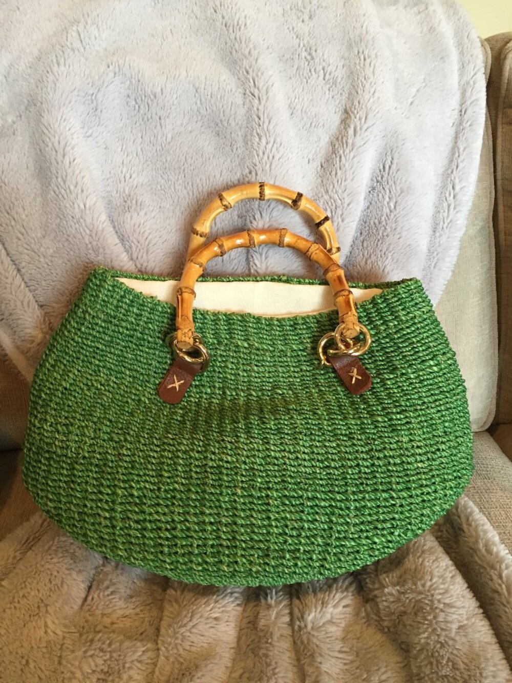 Woven Green Straw Tote with Bamboo Handle - Picture 5 of 5